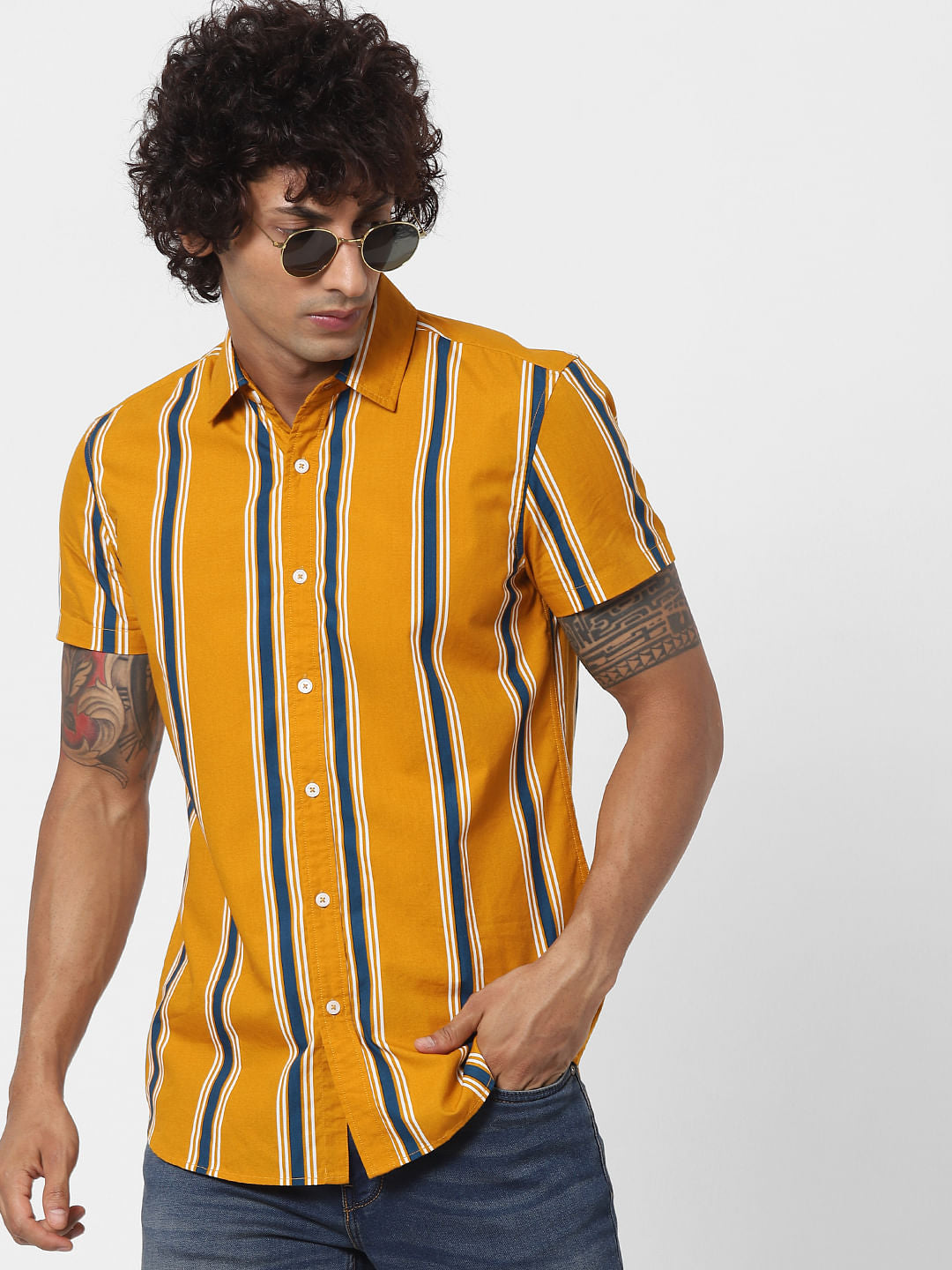 Yellow Striped Half Sleeves Shirt - S