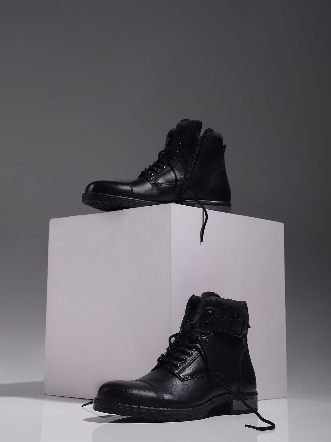 Black Leather Biker Boots - 6
