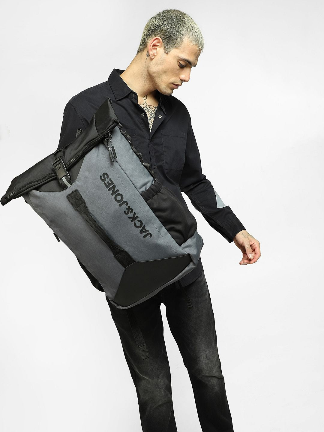 Grey Colourblocked Roll Top Backpack - ONE
