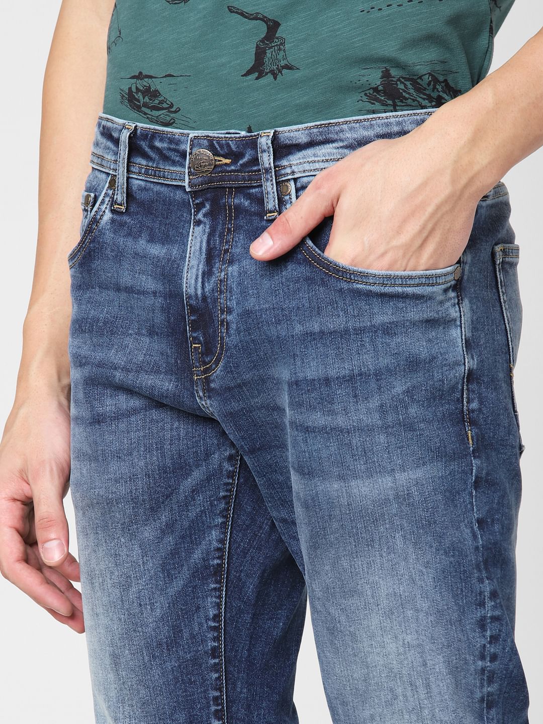 Blue Mid Rise Washed Clark Regular Fit Jeans