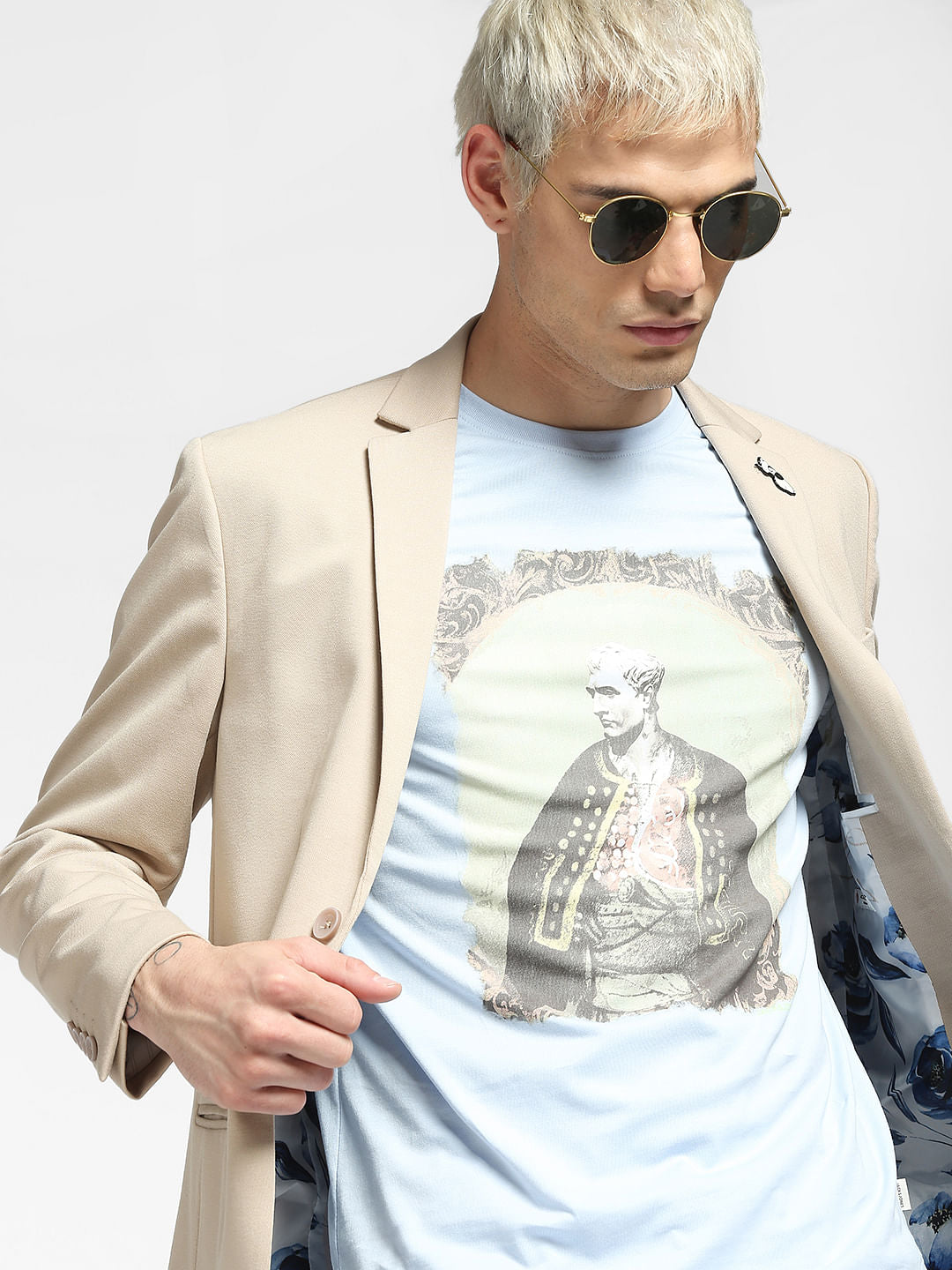 Blue Graphic Print Crew Neck T-shirt - S