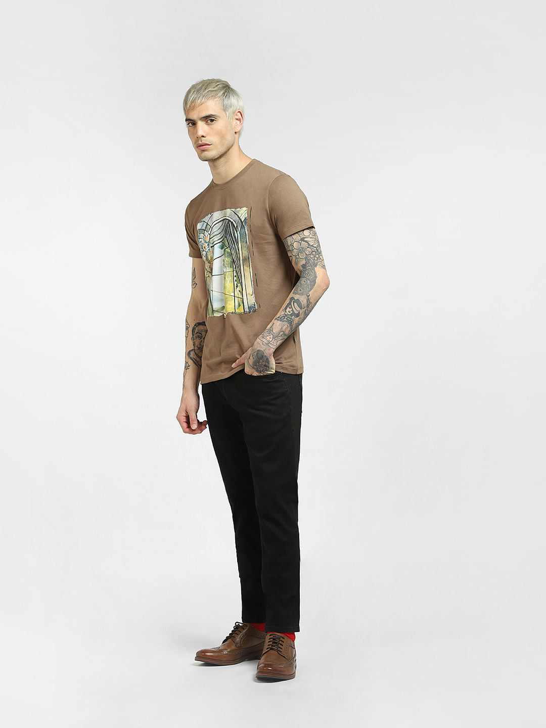 Brown Graphic Print Crew Neck T-shirt