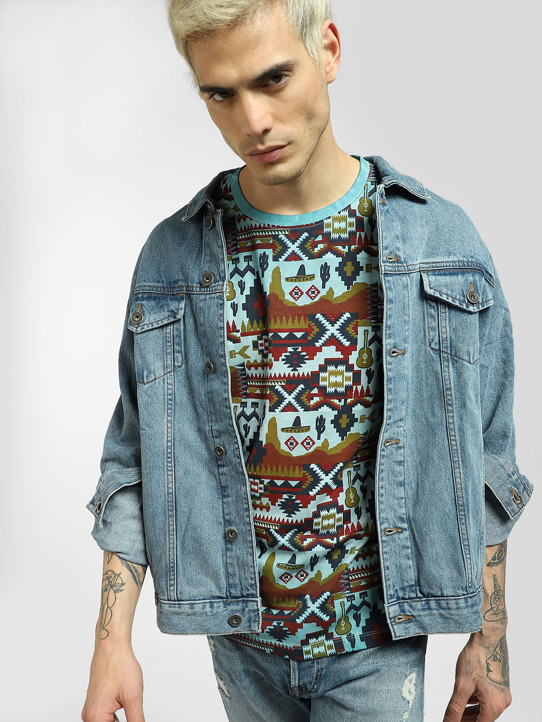 Blue Printed Crew Neck T-shirt - S