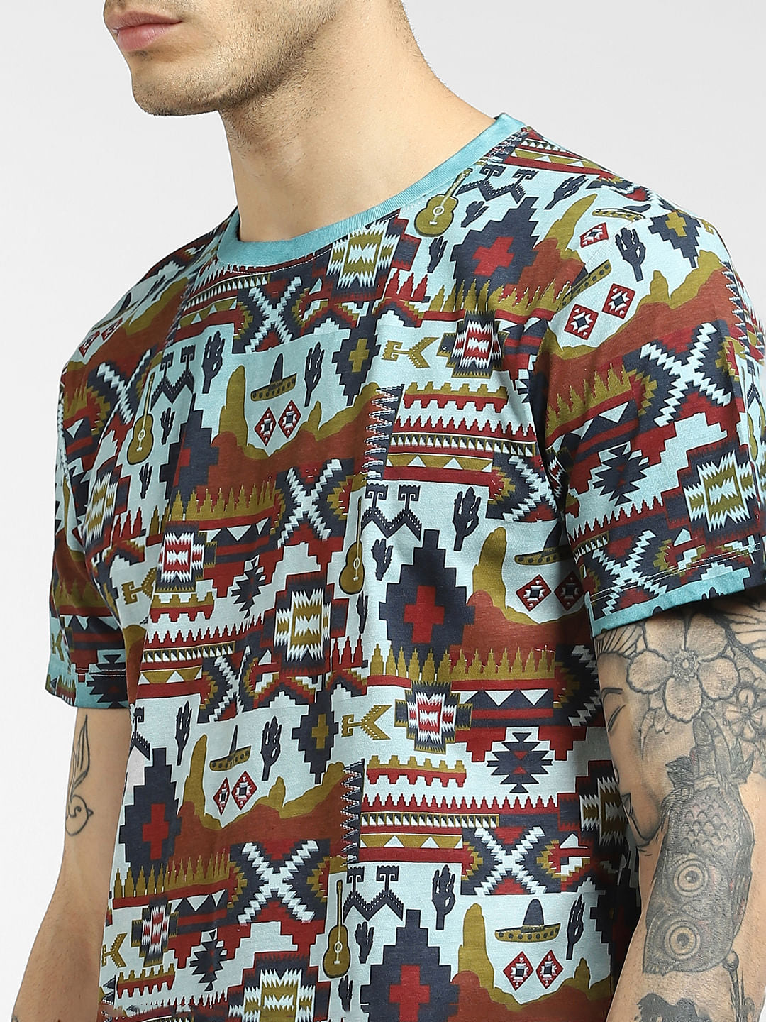 Blue Printed Crew Neck T-shirt
