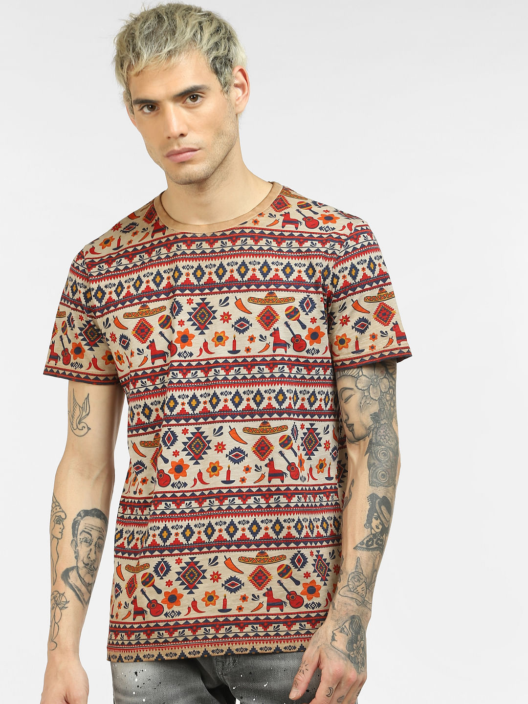 Brown Printed Crew Neck T-shirt