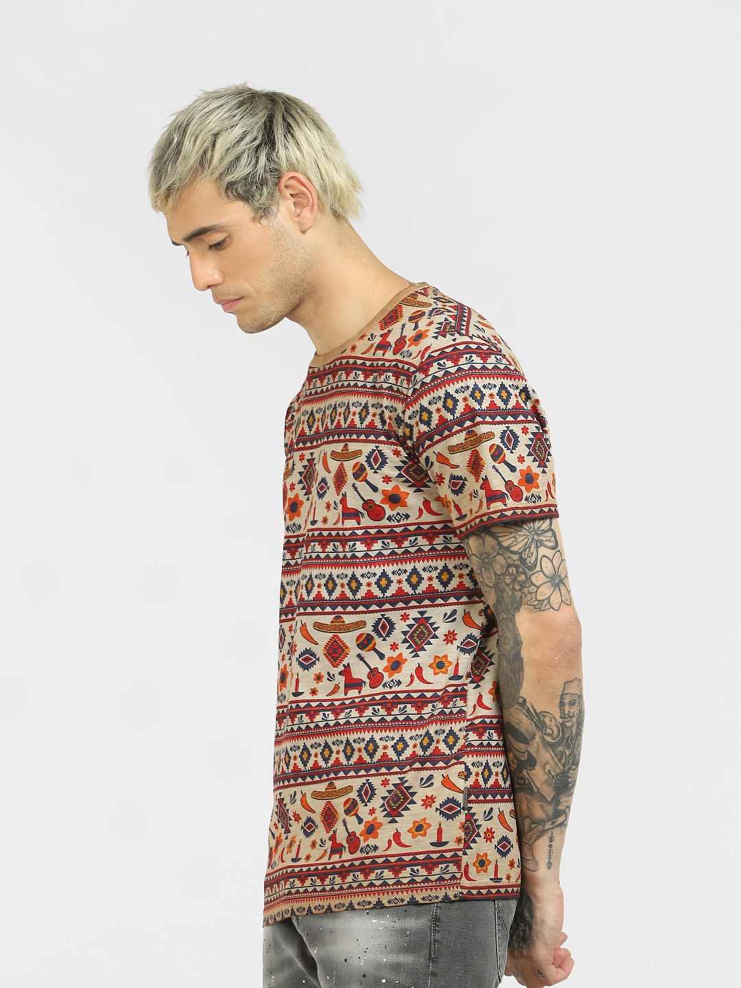 Brown Printed Crew Neck T-shirt