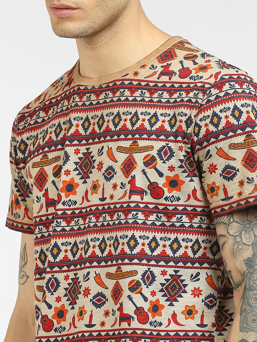 Brown Printed Crew Neck T-shirt