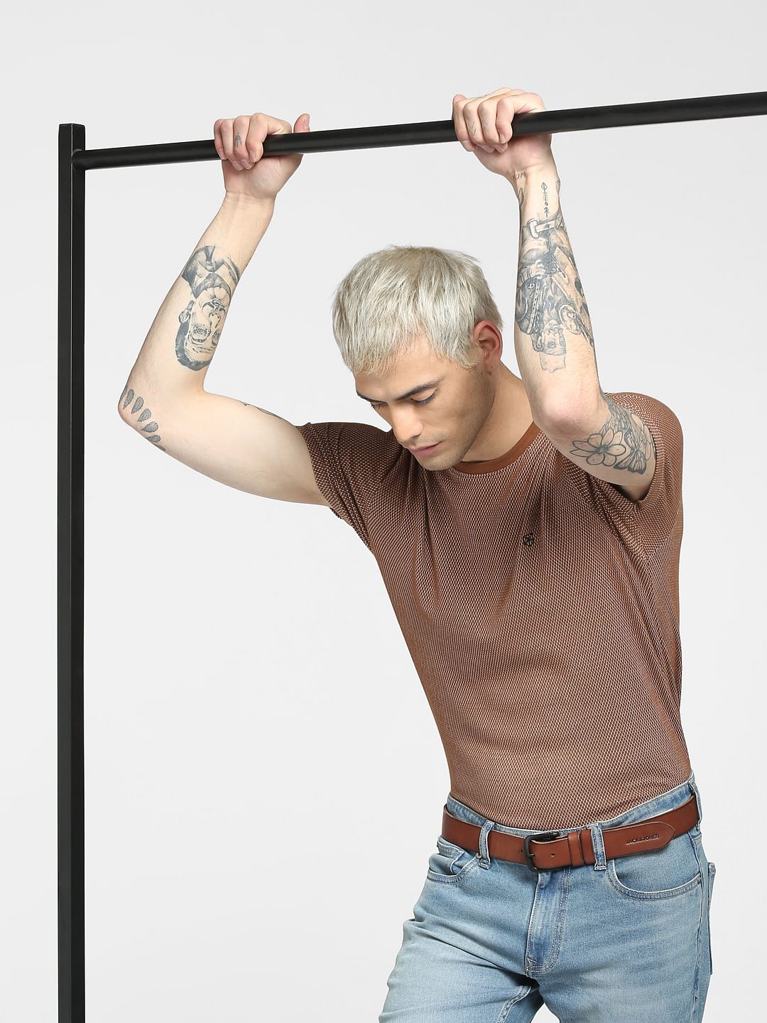 Brown Jacquard Crew Neck T-shirt