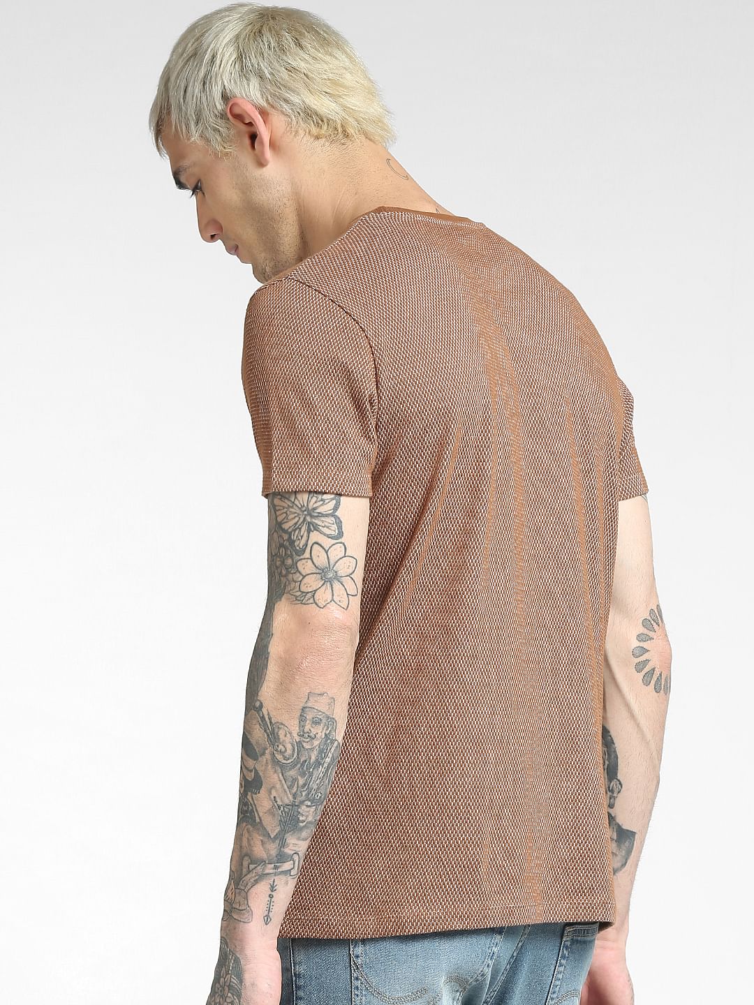 Brown Jacquard Crew Neck T-shirt