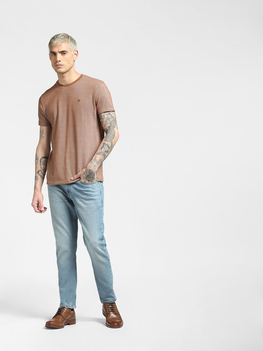Brown Jacquard Crew Neck T-shirt
