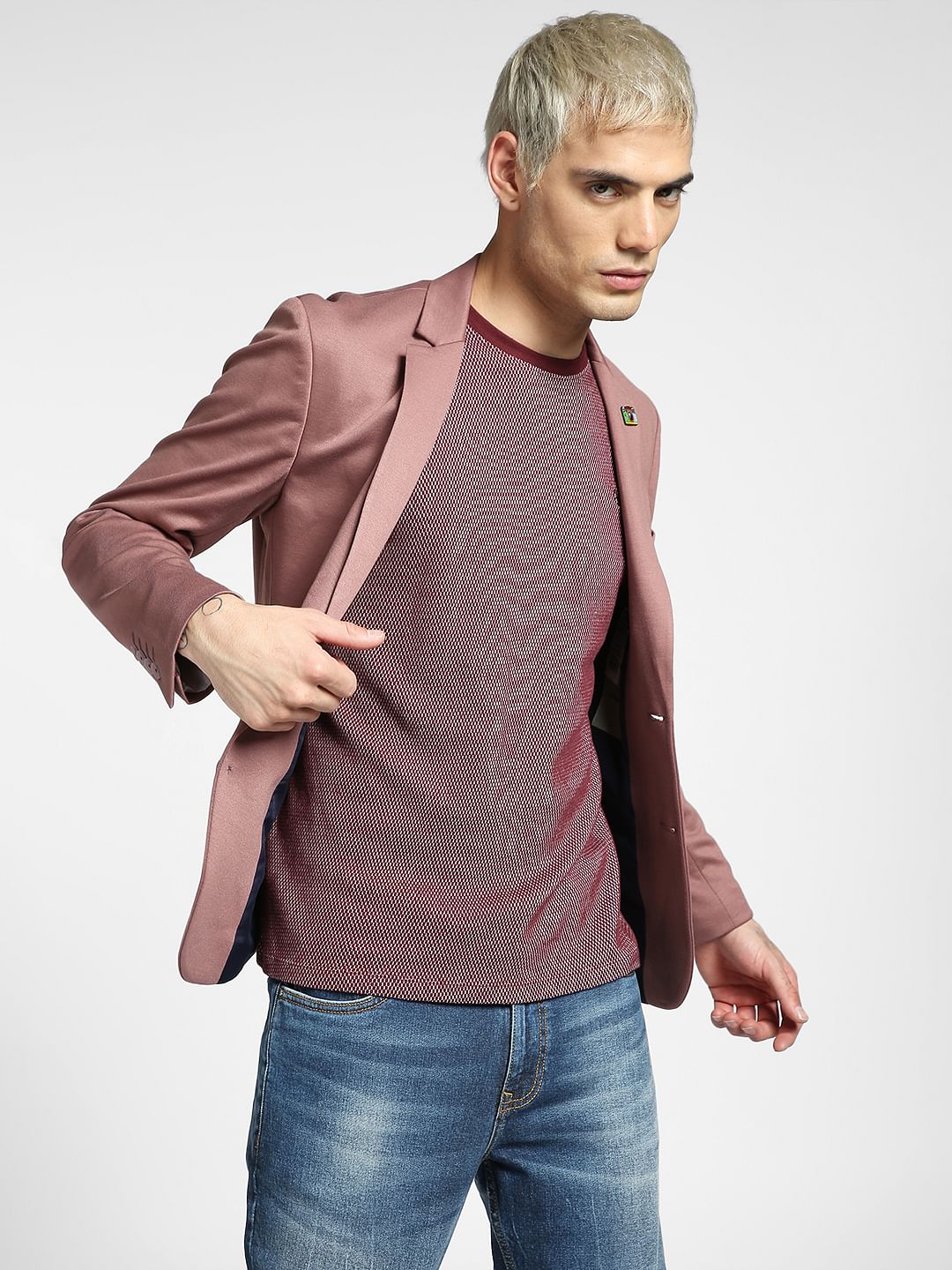 Maroon Jacquard Crew Neck T-shirt - S