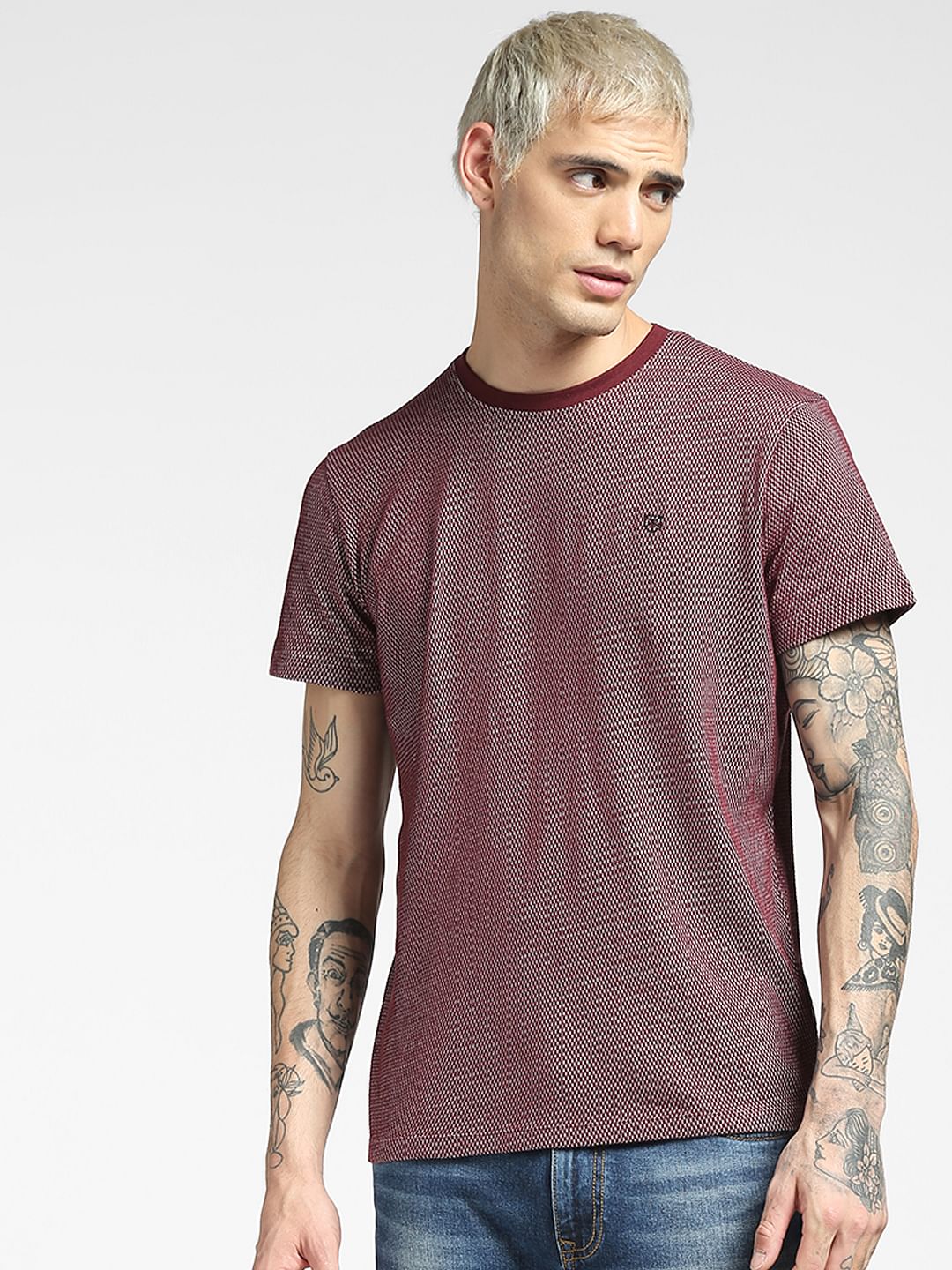 Maroon Jacquard Crew Neck T-shirt