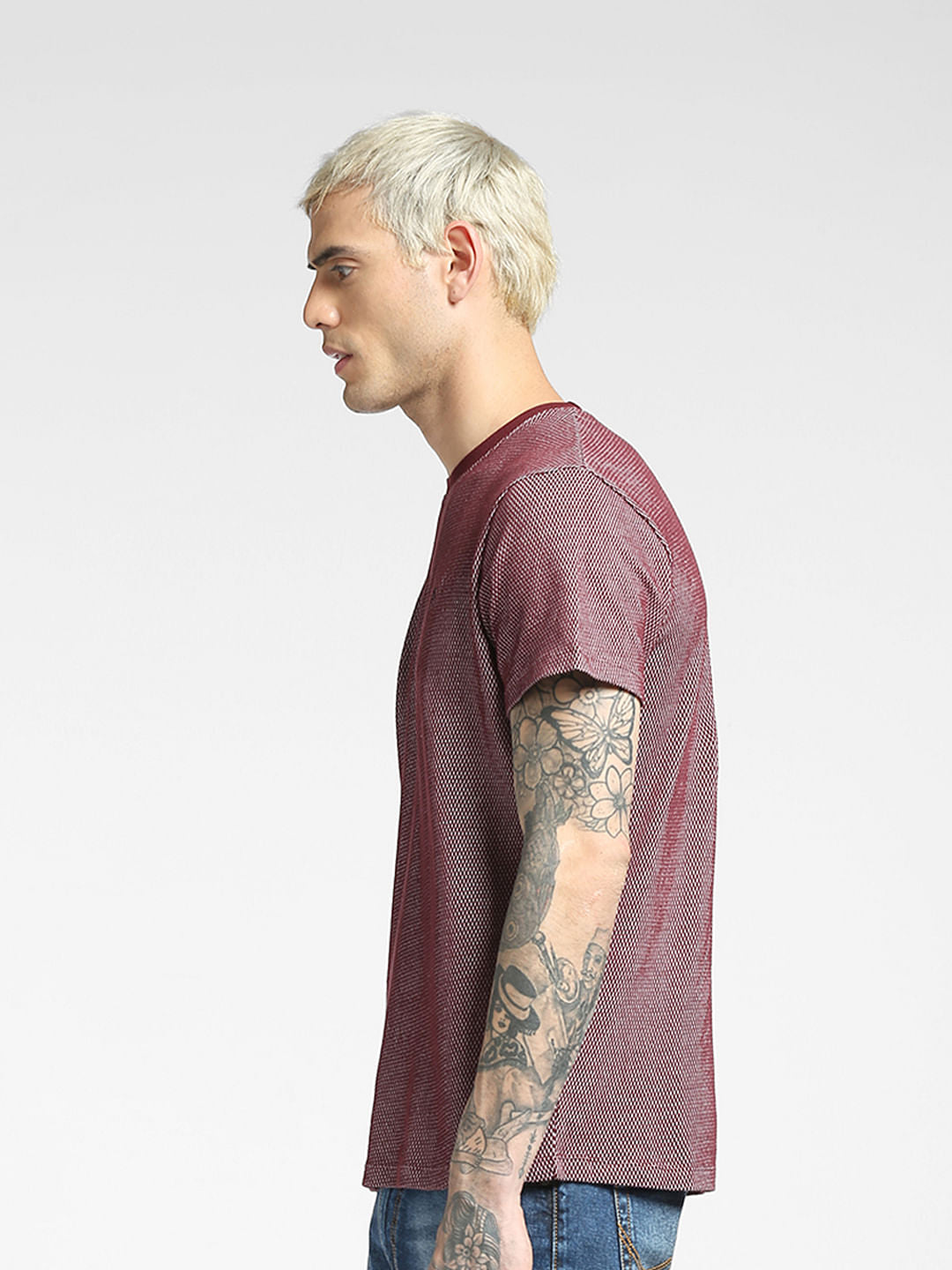 Maroon Jacquard Crew Neck T-shirt