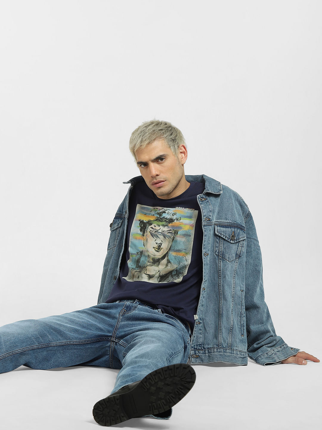 Blue Graphic Print Crew Neck T-shirt - S