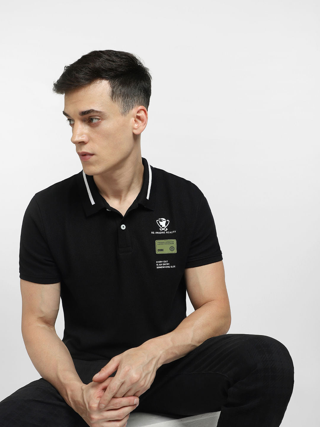 Black Text Print Polo Neck T-shirt