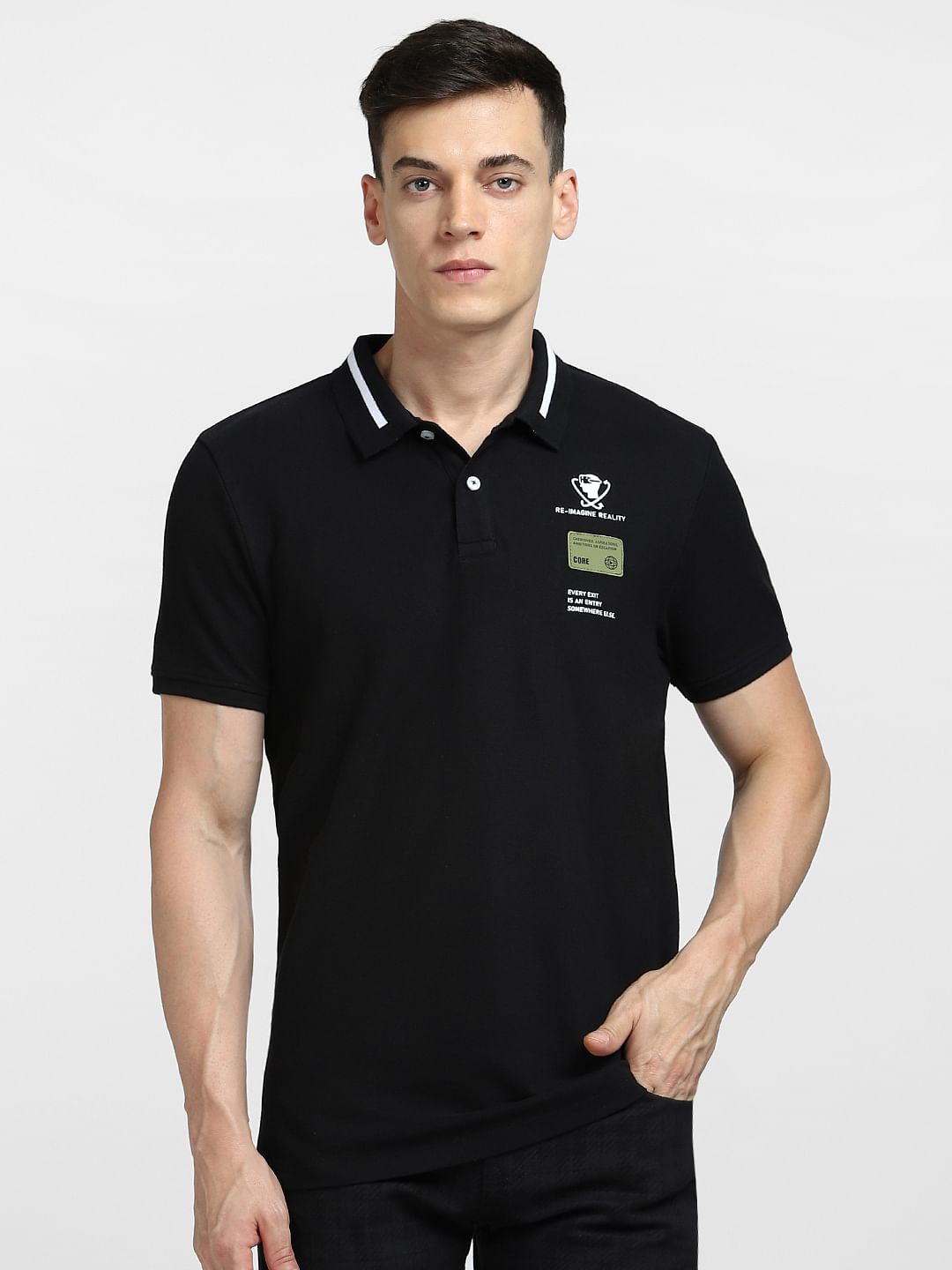 Black Text Print Polo Neck T-shirt