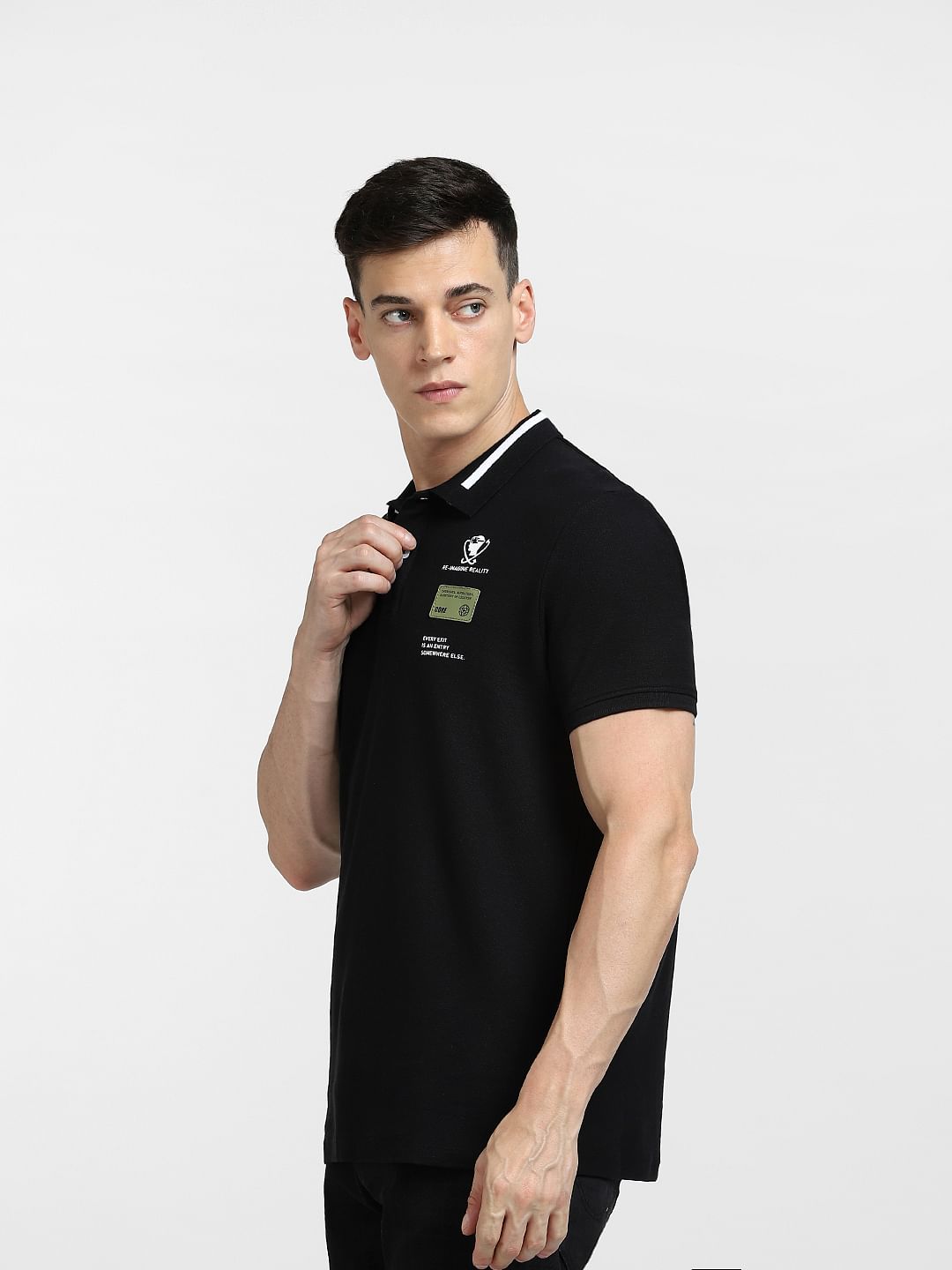 Black Text Print Polo Neck T-shirt