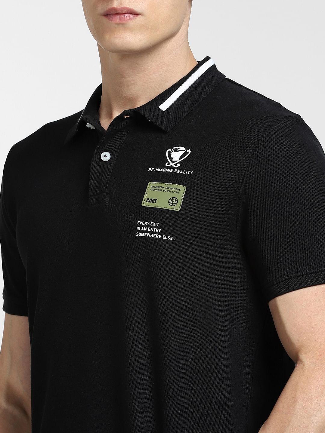 Black Text Print Polo Neck T-shirt