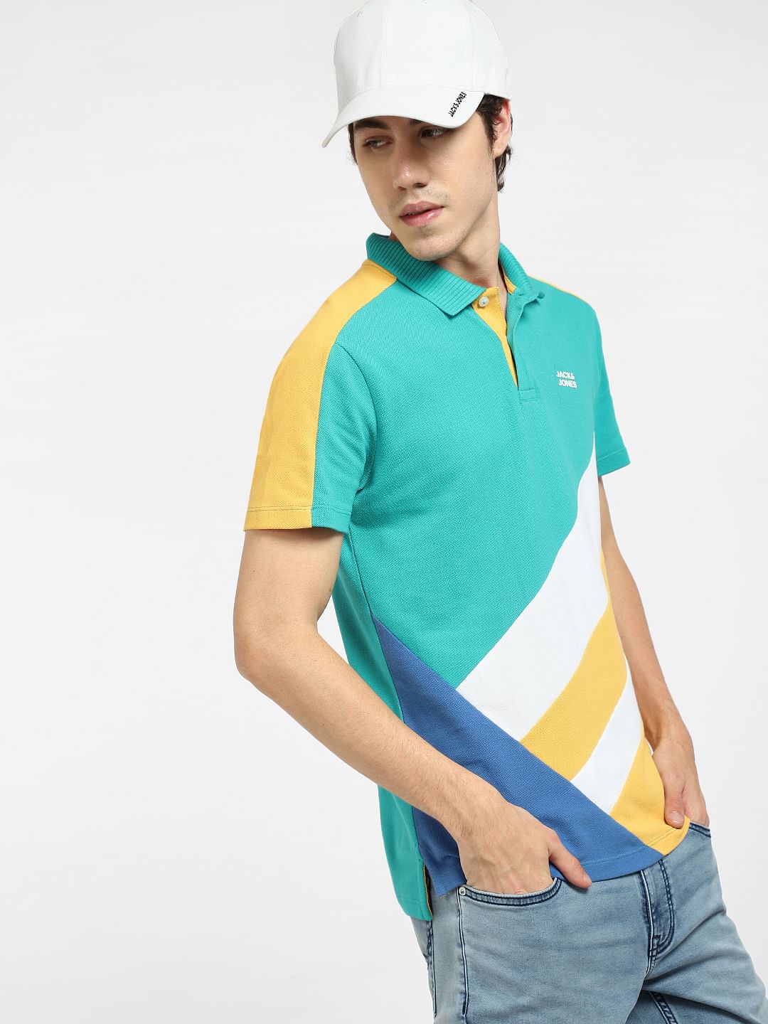 Teal Blue Colourblocked Polo T-shirt - S