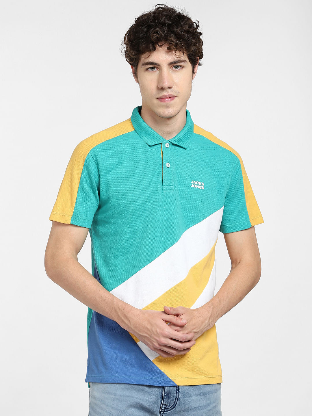 Teal Blue Colourblocked Polo T-shirt