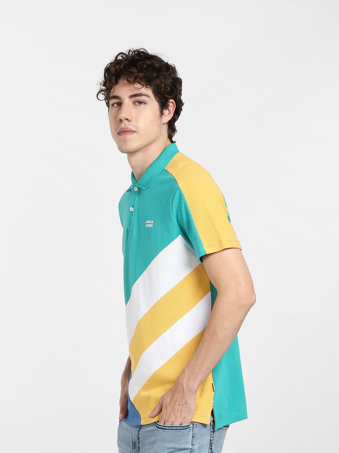 Teal Blue Colourblocked Polo T-shirt