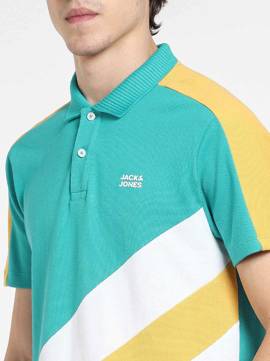 Teal Blue Colourblocked Polo T-shirt