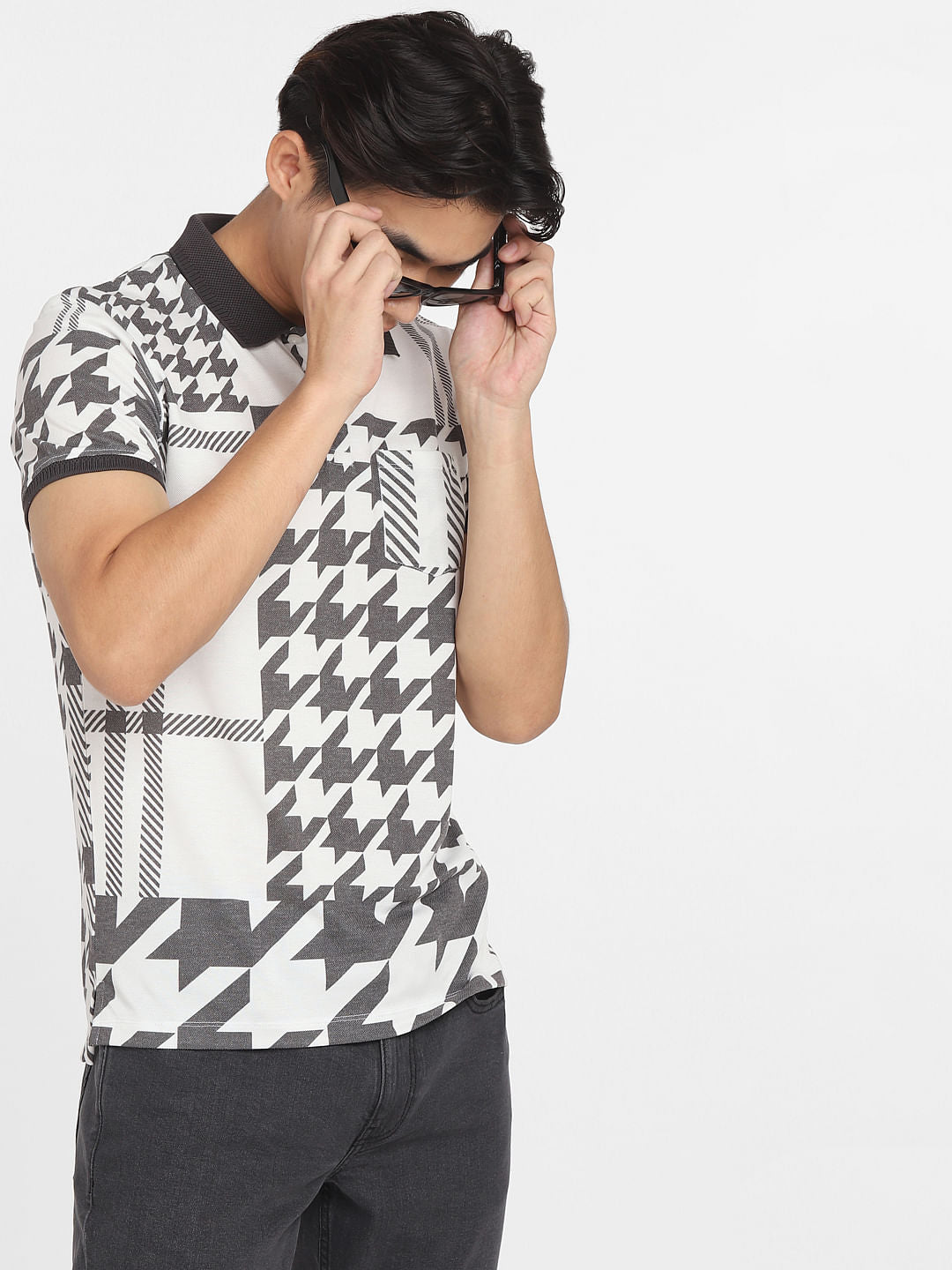 White Abstract Print Polo T-shirt - S