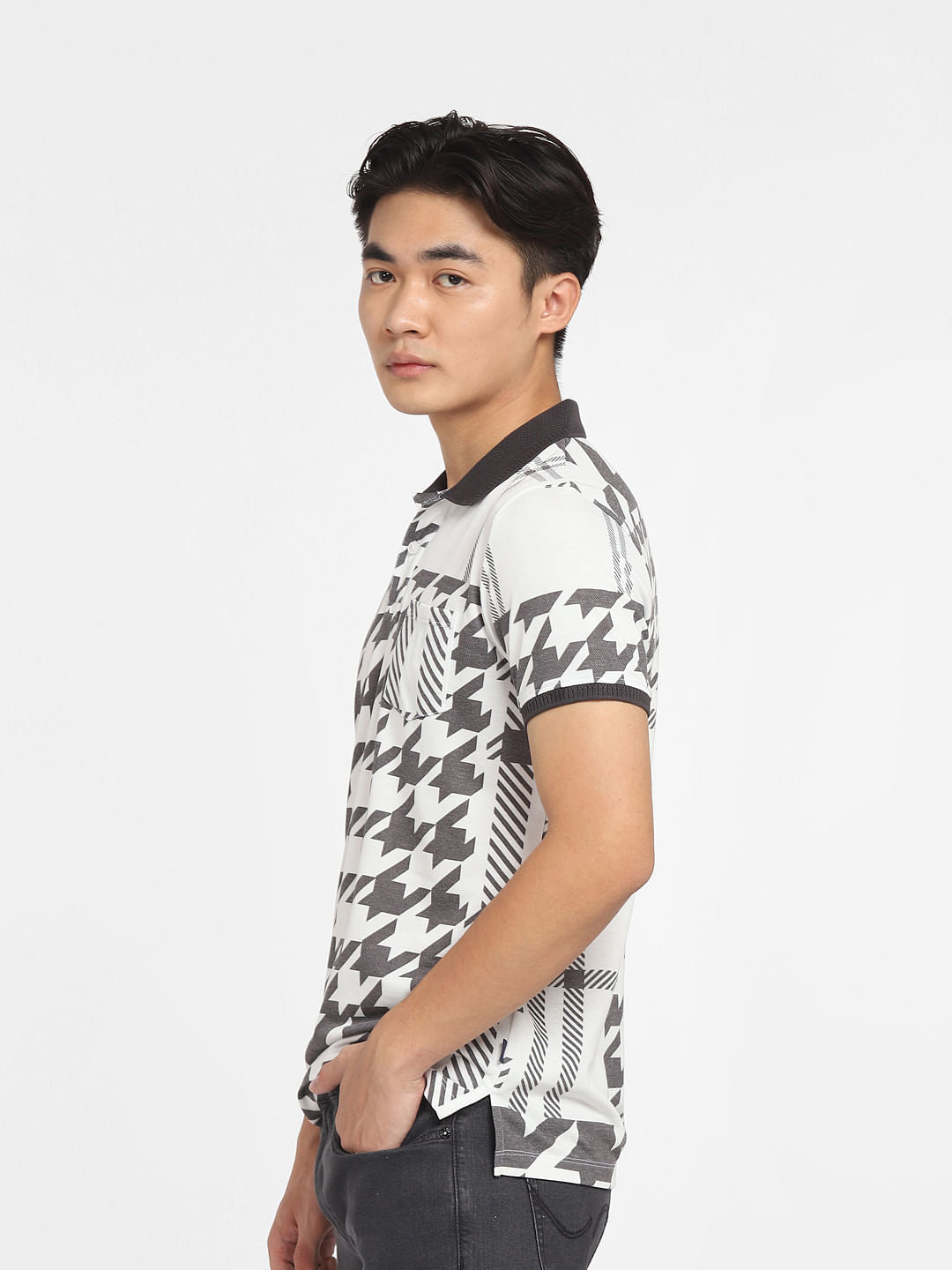 White Abstract Print Polo T-shirt