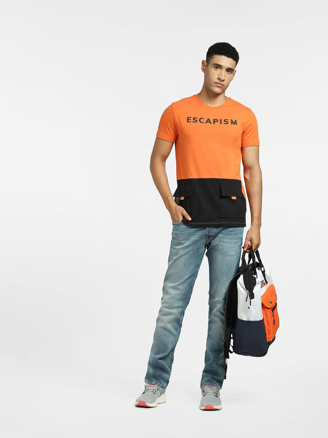 Orange Colourblocked Crew Neck T-shirt