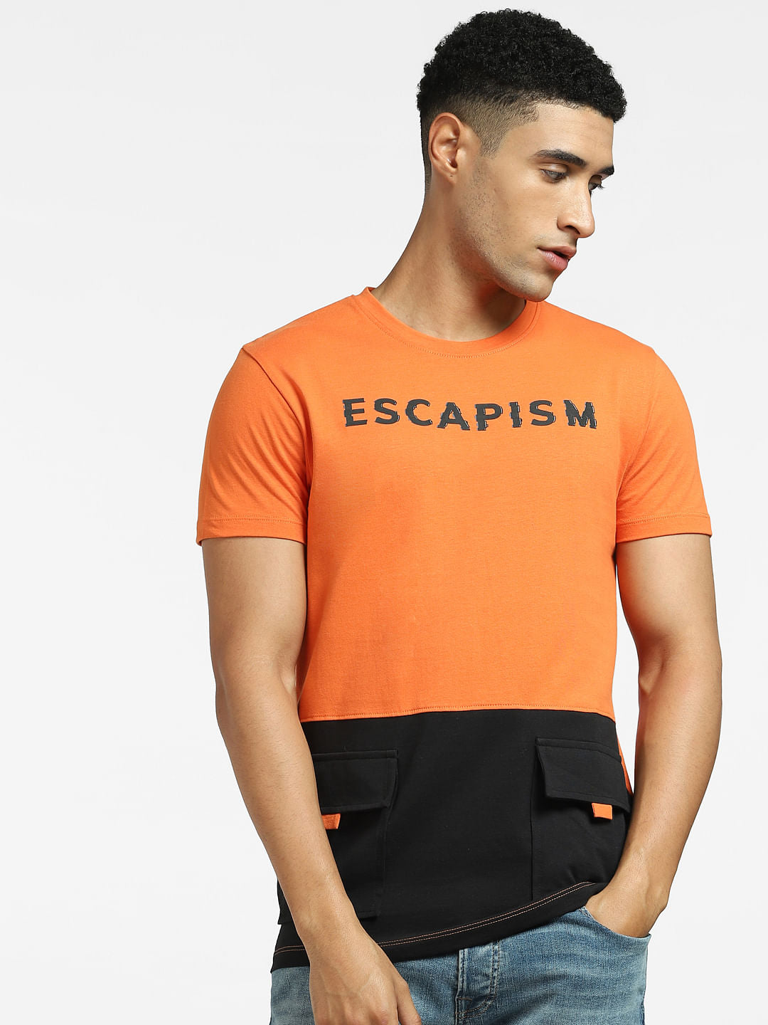 Orange Colourblocked Crew Neck T-shirt