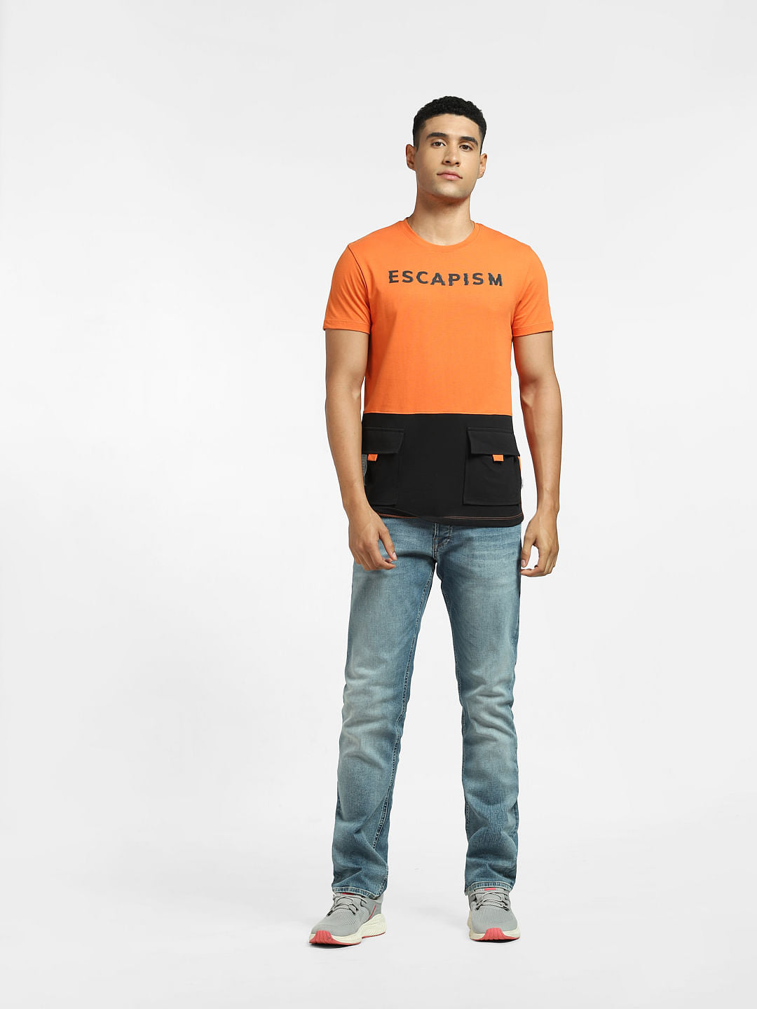 Orange Colourblocked Crew Neck T-shirt