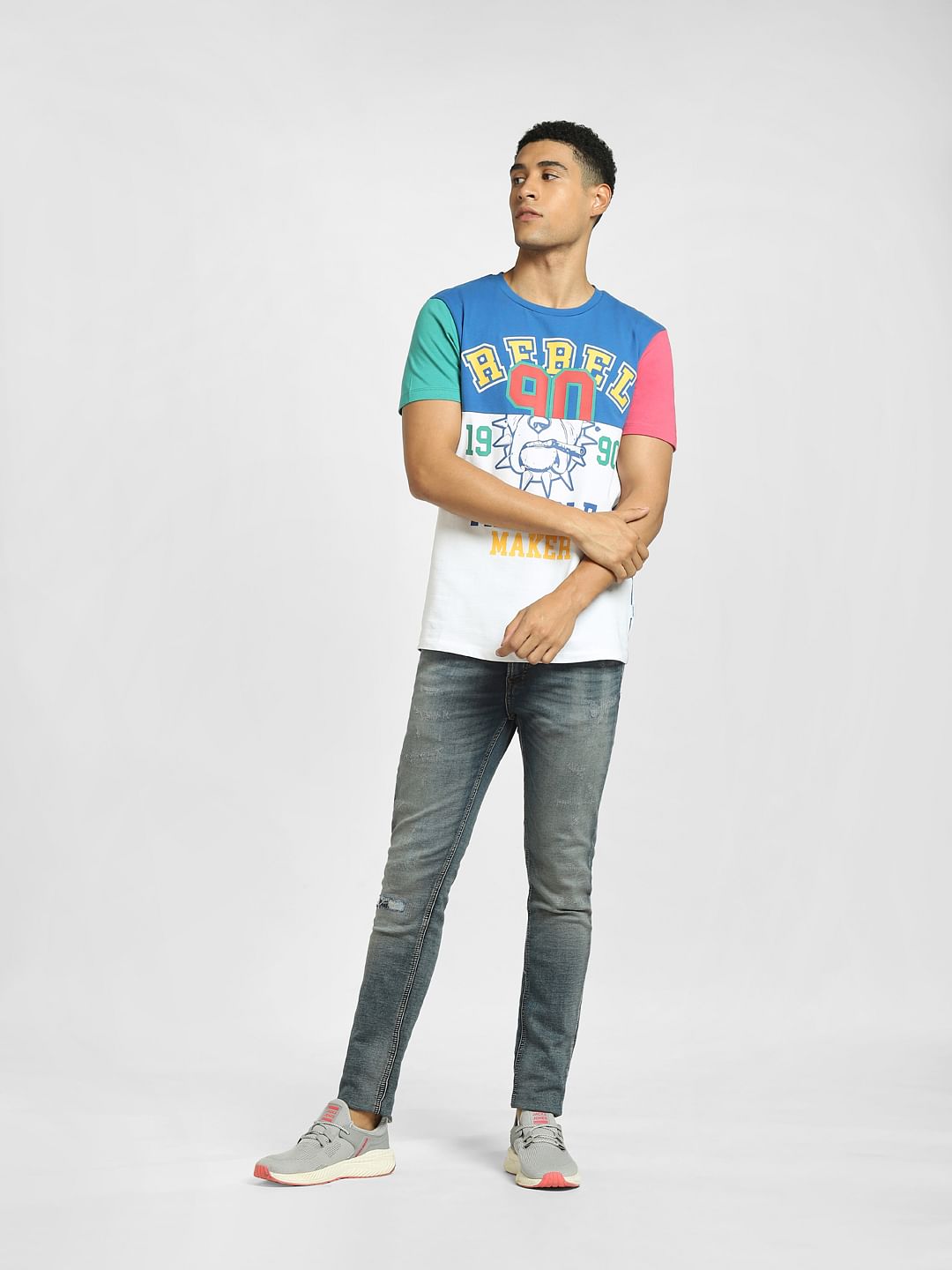 Blue Colourblocked Crew Neck T-shirt