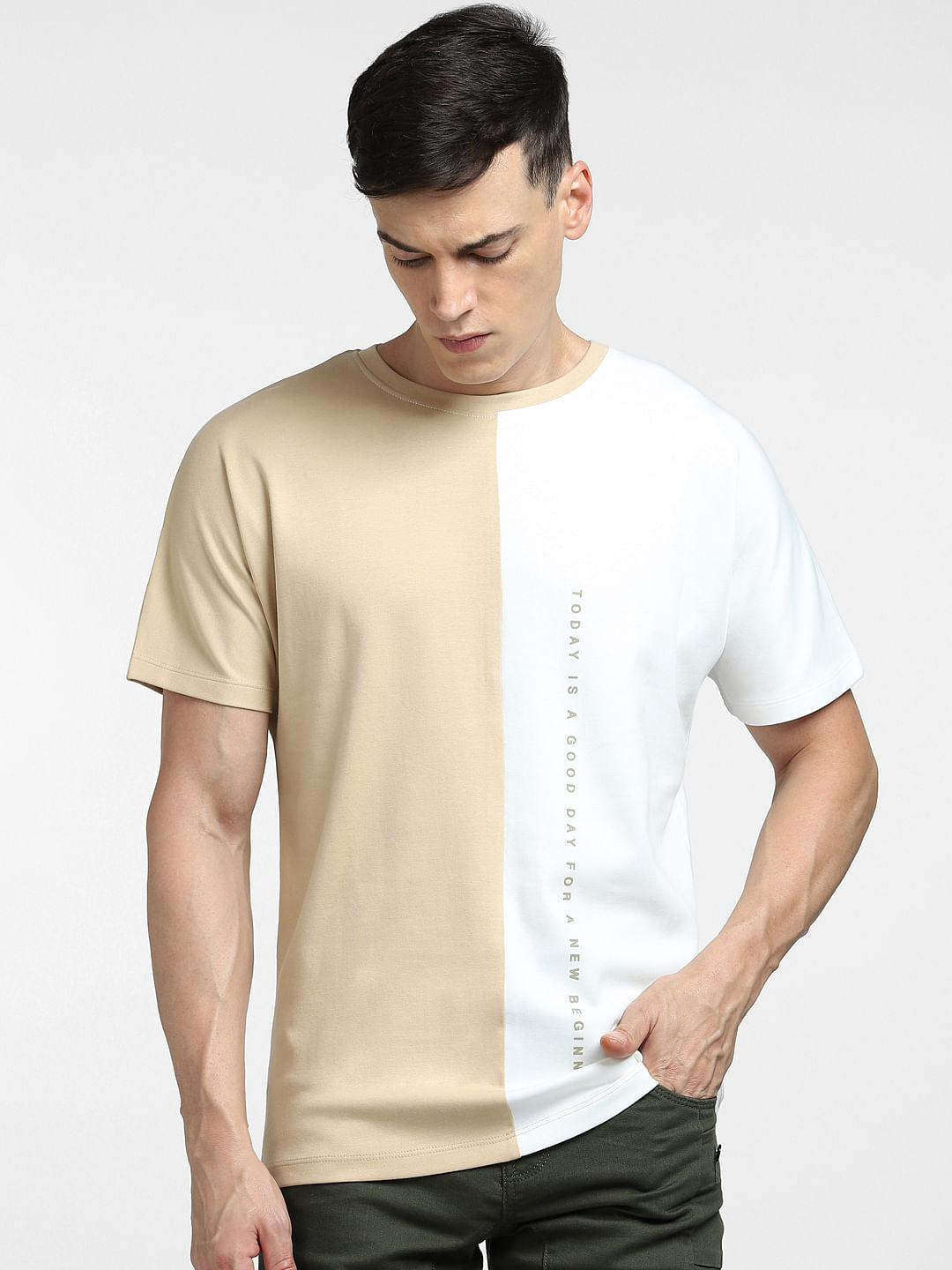 White Colourblocked Crew Neck T-shirt