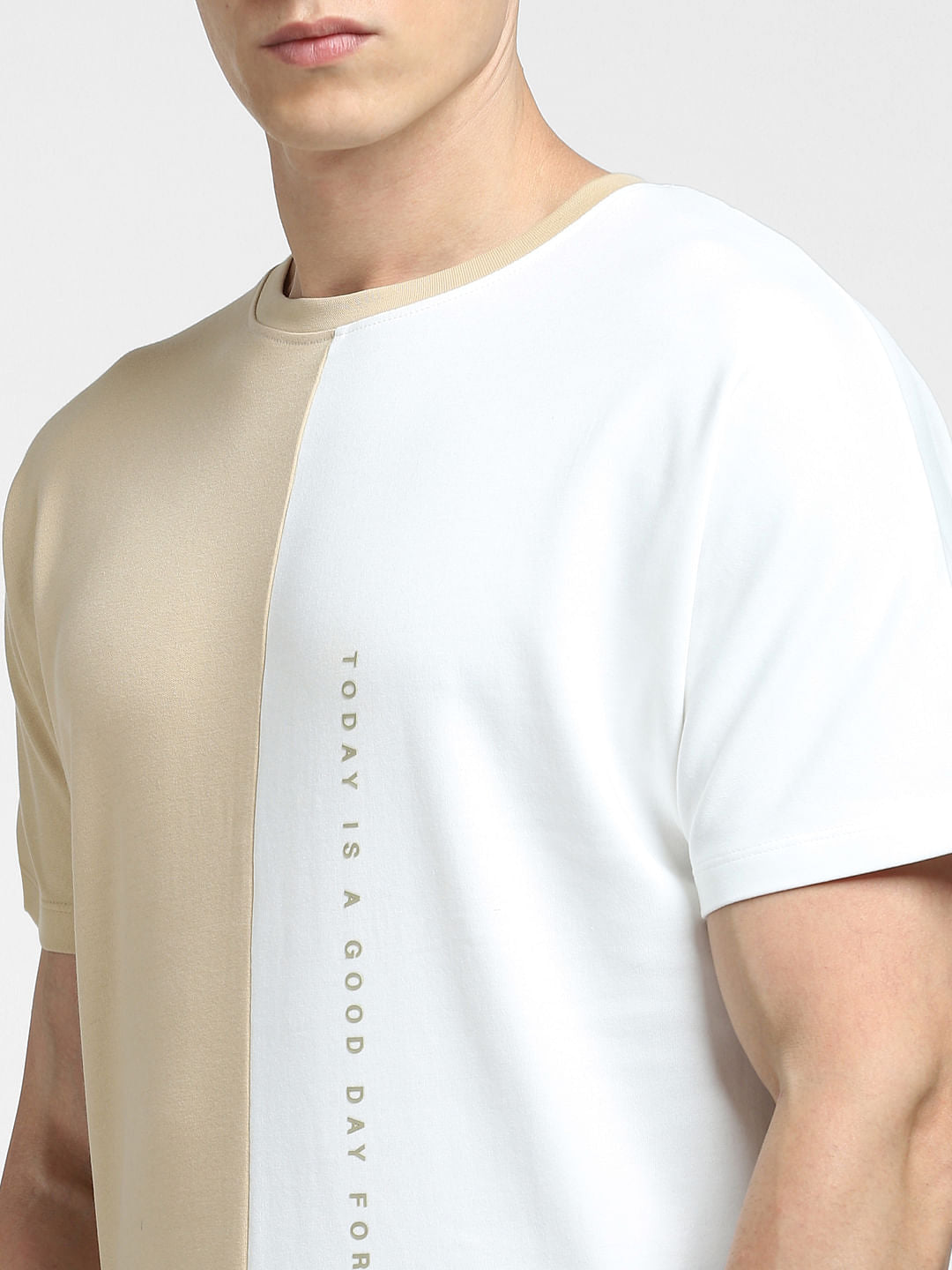 White Colourblocked Crew Neck T-shirt
