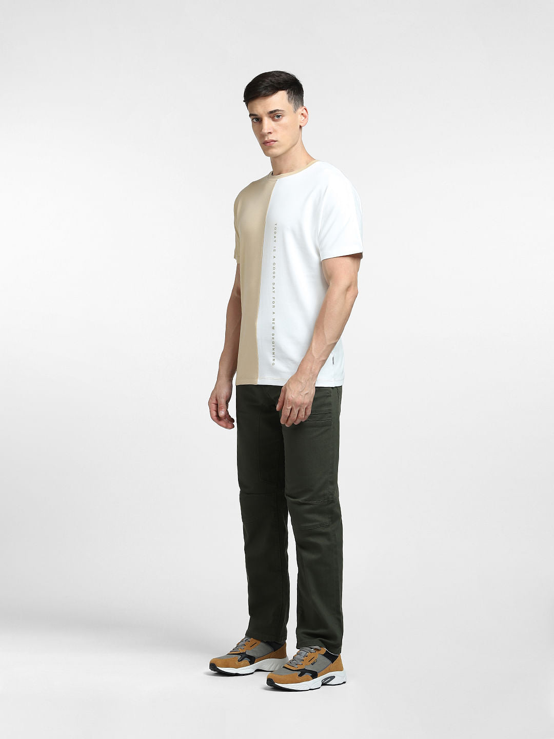 White Colourblocked Crew Neck T-shirt