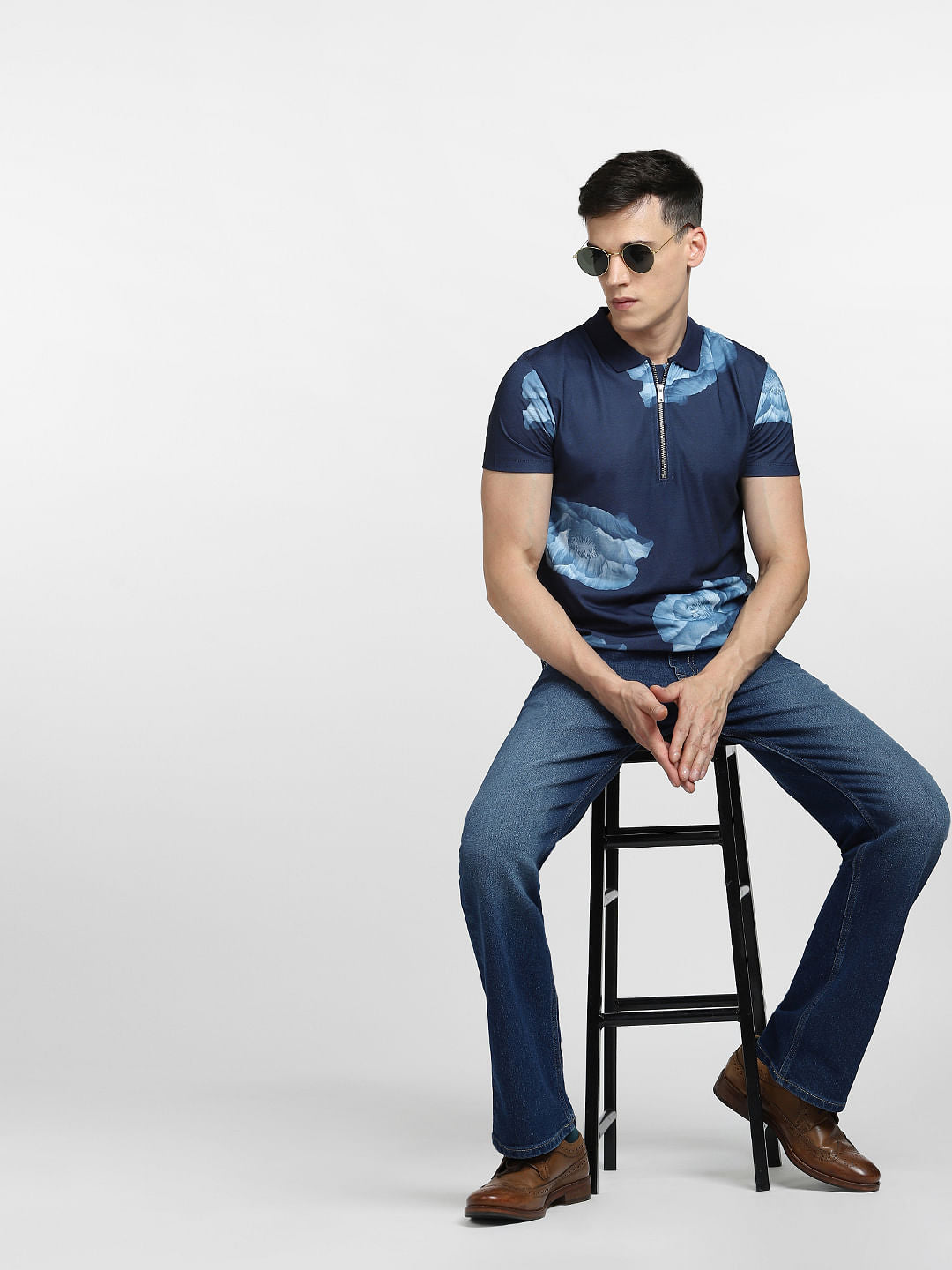 Blue Abstract Print Polo T-shirt - S