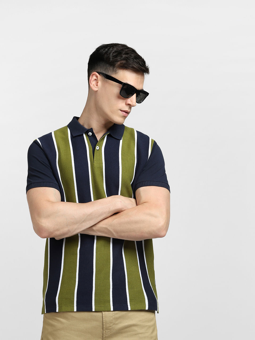 Green Striped Polo Neck T-shirt - S