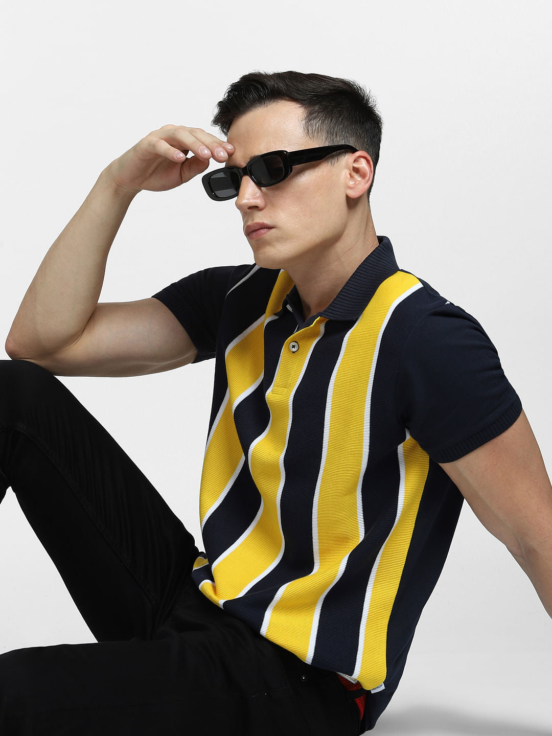 Yellow Striped Polo Neck T-shirt - S