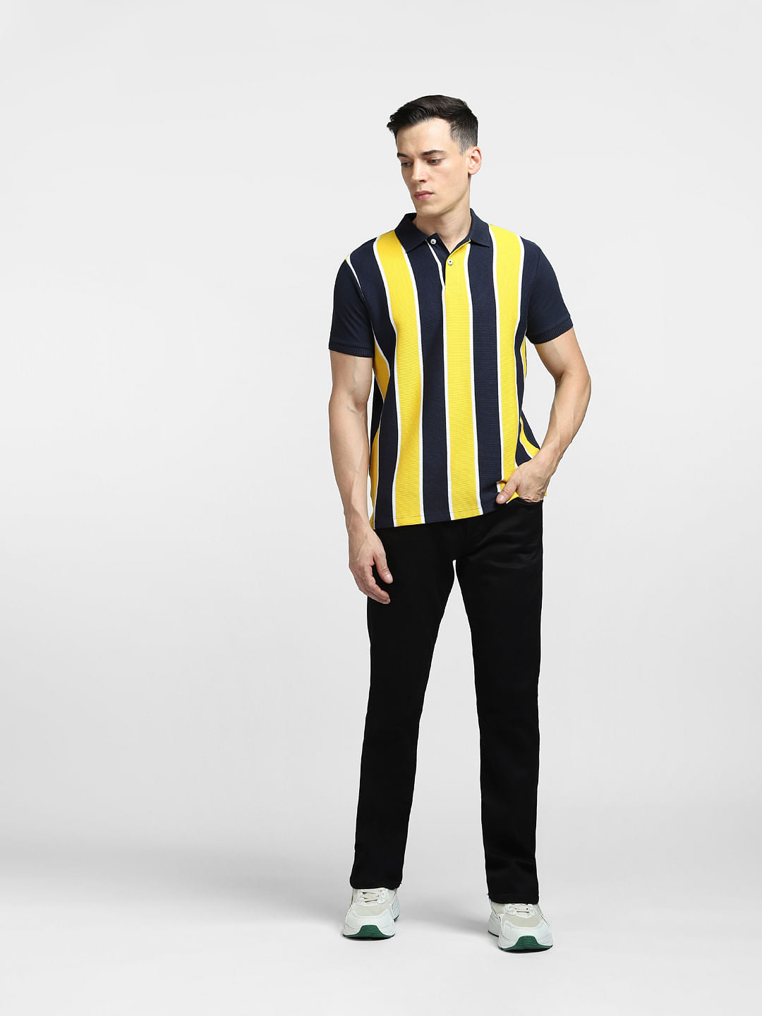 Yellow Striped Polo Neck T-shirt