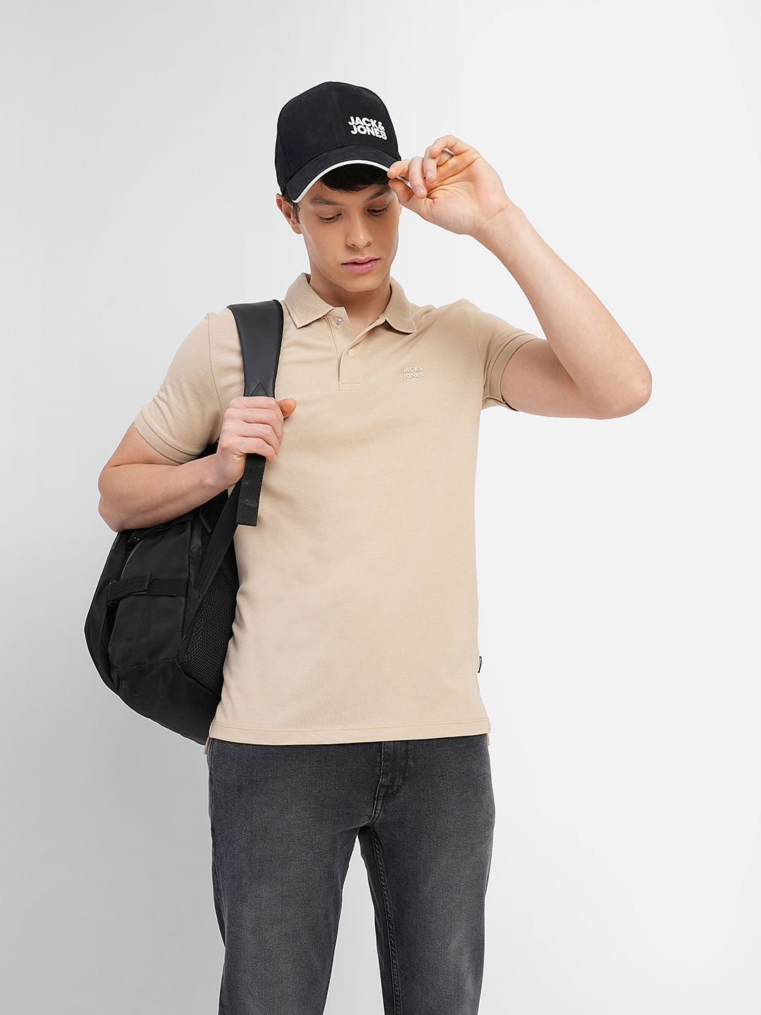Beige Logo Print Polo T-shirt