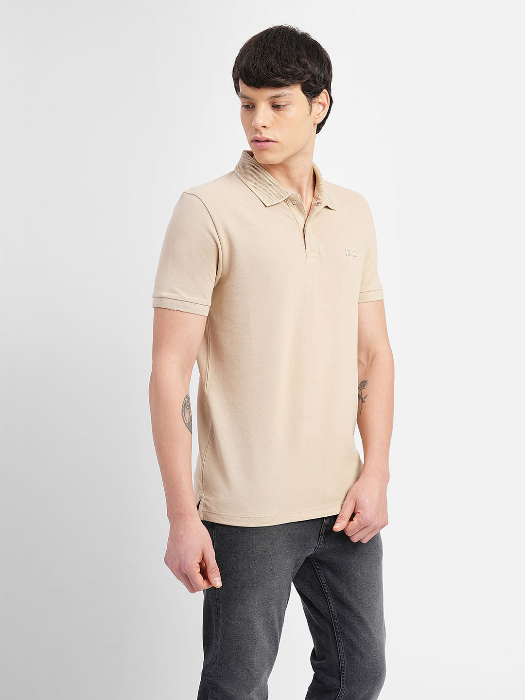 Beige Logo Print Polo T-shirt