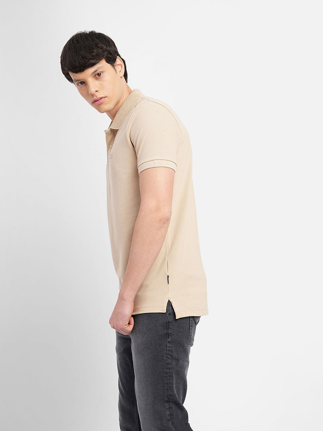 Beige Logo Print Polo T-shirt