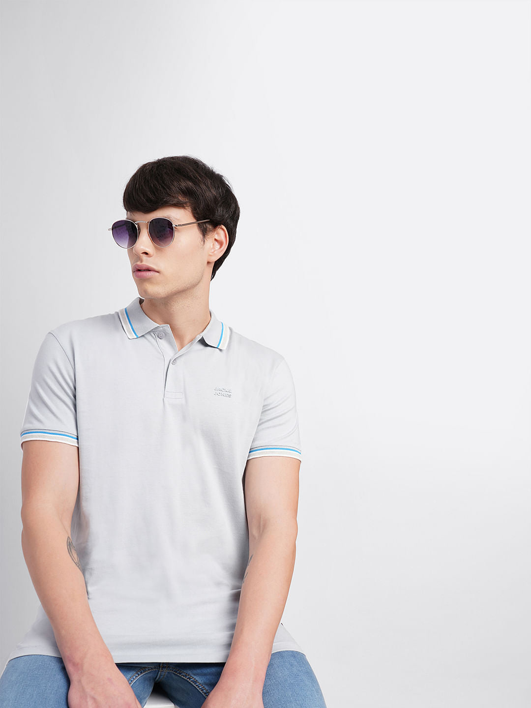 Grey Polo Neck T-Shirt - S