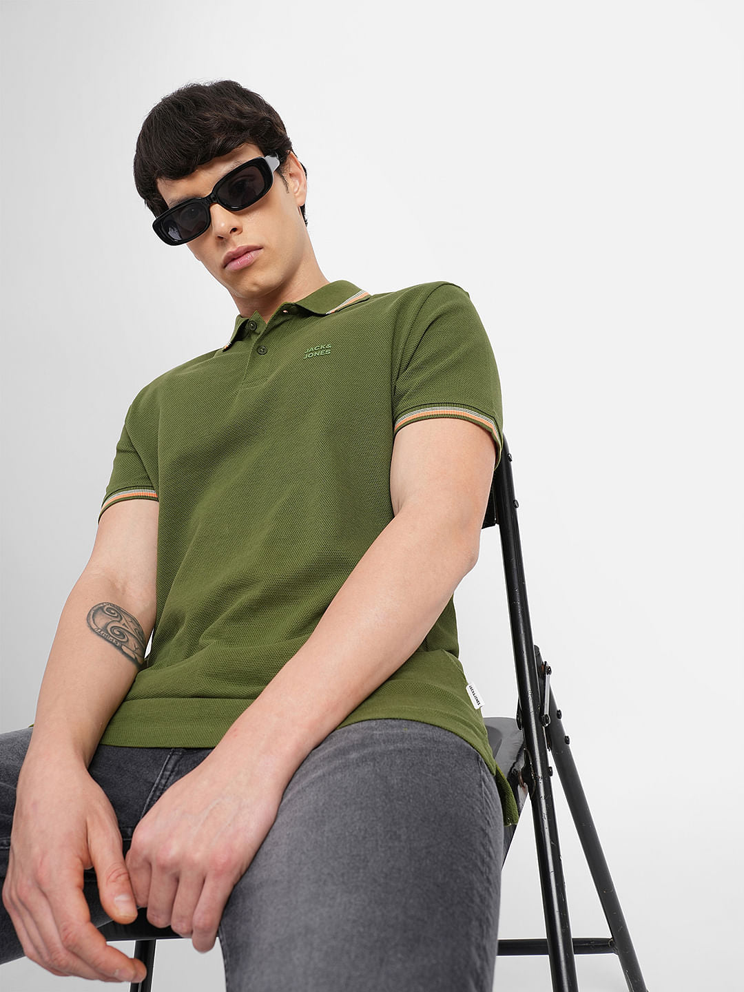 Green Contrast Tipping Polo T-shirt - S