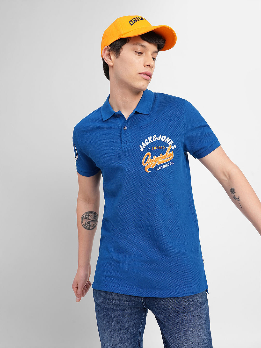 Blue Embroidered Print Polo T-shirt - S