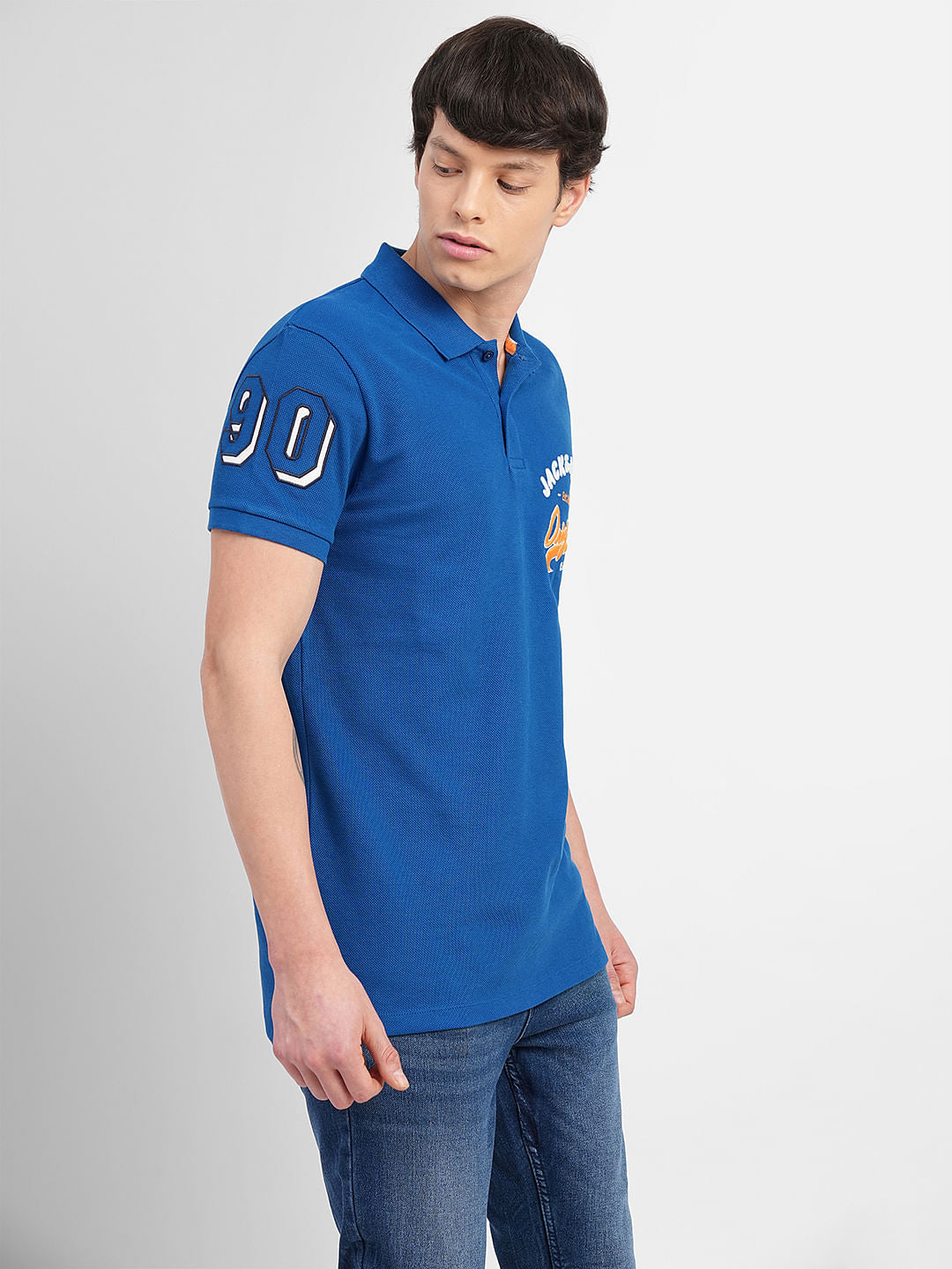 Blue Embroidered Print Polo T-shirt
