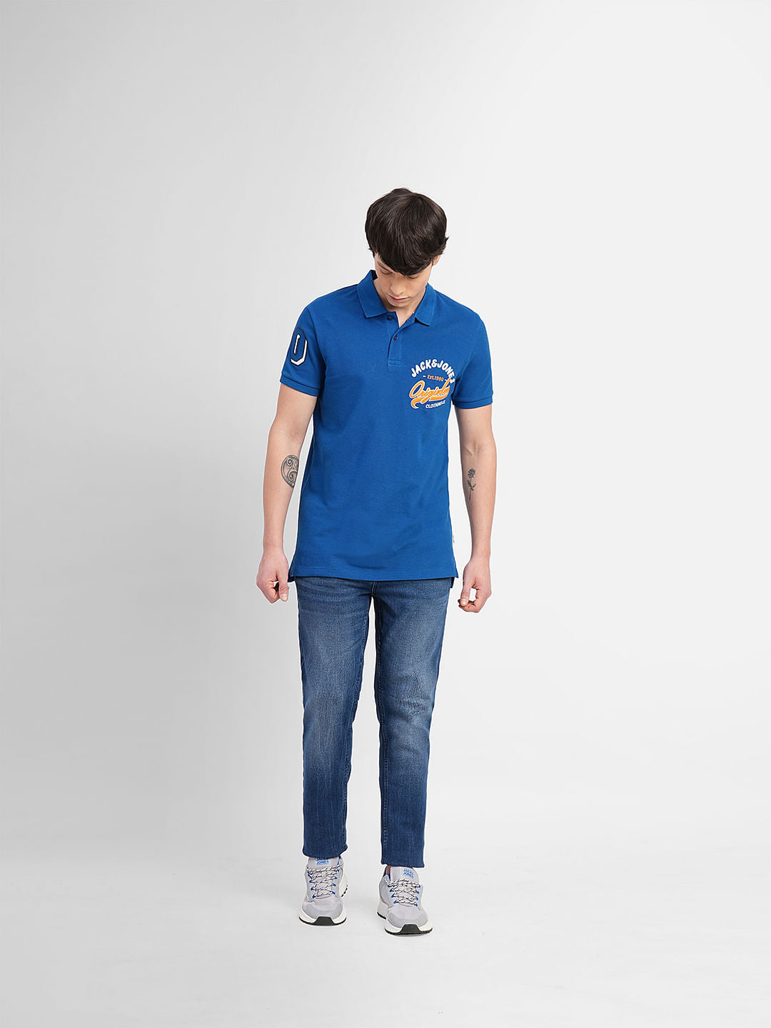 Blue Embroidered Print Polo T-shirt