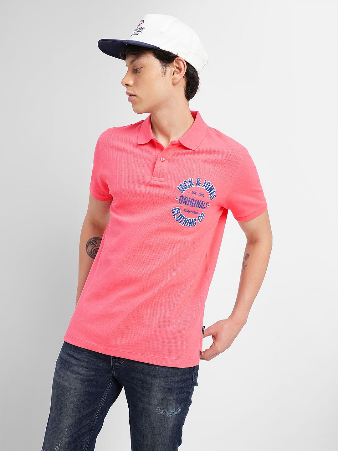Pink Embroidered Print Polo T-shirt - S
