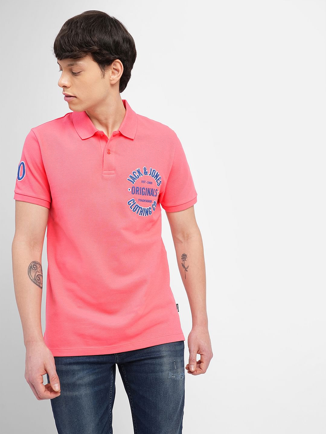 Pink Embroidered Print Polo T-shirt