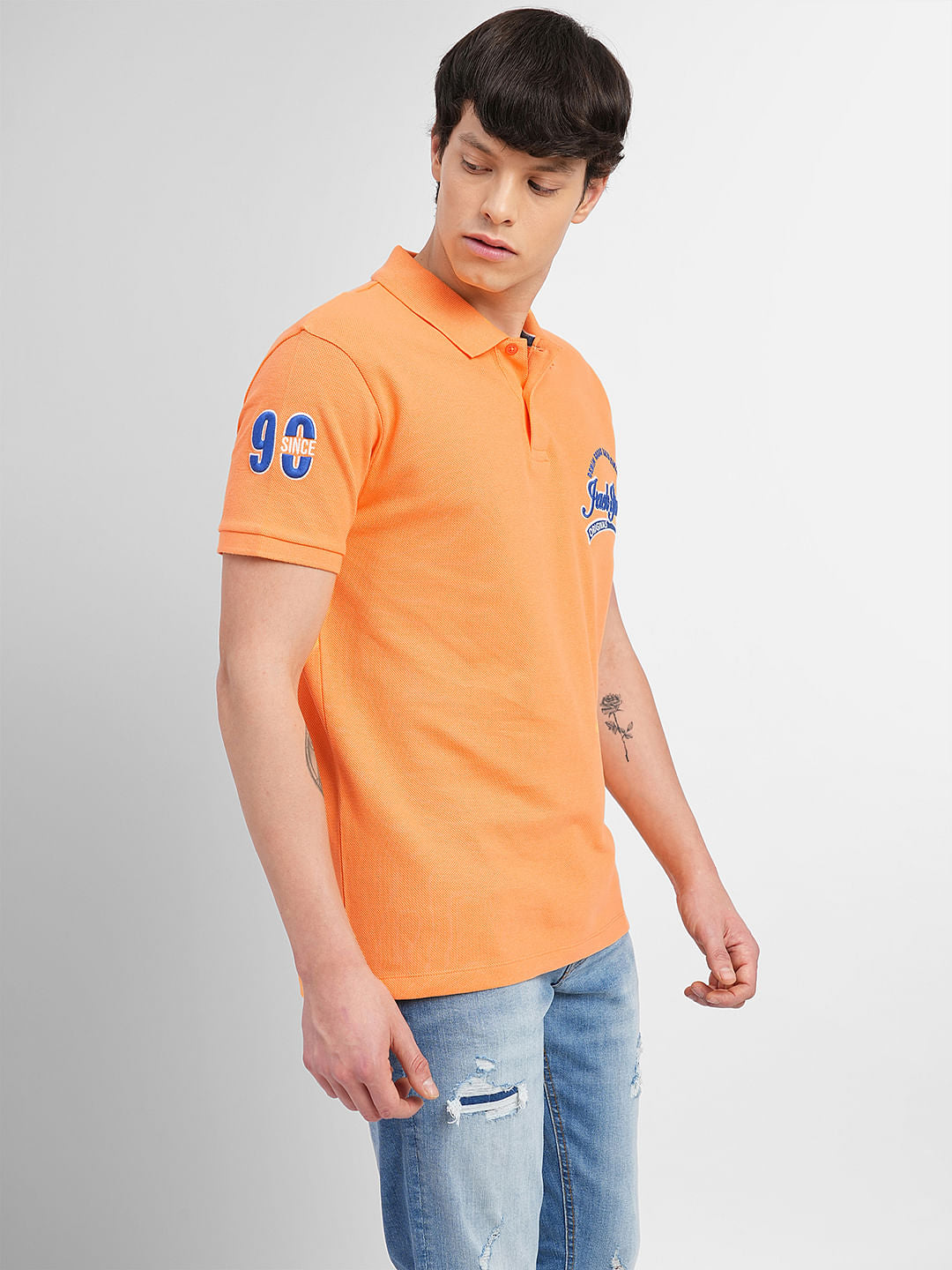 Orange Embroidered Print Polo T-shirt